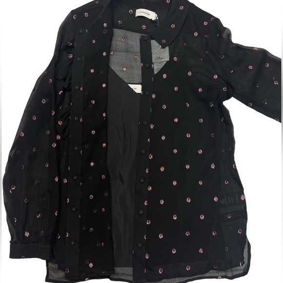 Coach Silk Blouse Black Long Sleeve Sheer Cami Ruffle Front Button Down Top New! - Picture 4 of 15